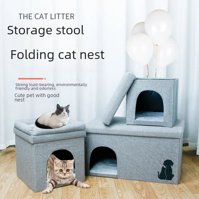 Semi-closed cat's nest folding linen cotton linen leather storage box pet multi-functional storage box four seasons Universal Kennel